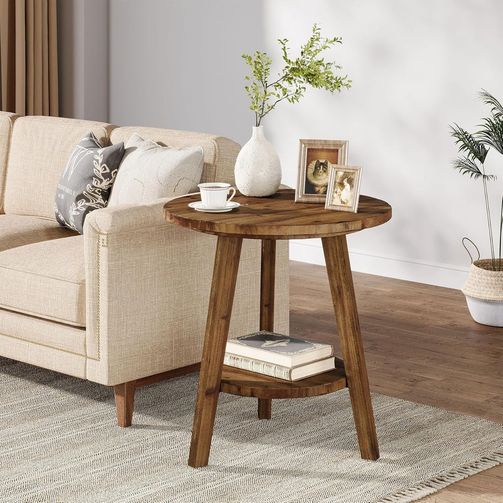 Solid Wood Round End Table, Sofa Side Table with Storage Shelf, Farmhouse Nig...