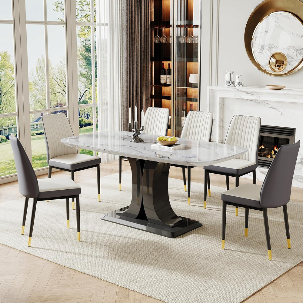 Modern Dining Table Set for 6, Marble Kitchen Table Chair Set for 6, Rectangu...