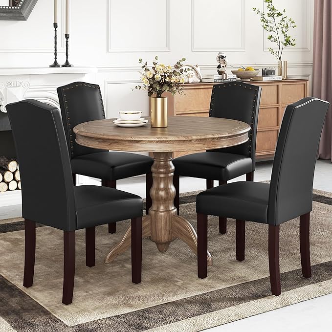 LSSBOUGHT PU Dining Chair Set of 4 Upholstered Parsons Kitchen Chair with Cop...