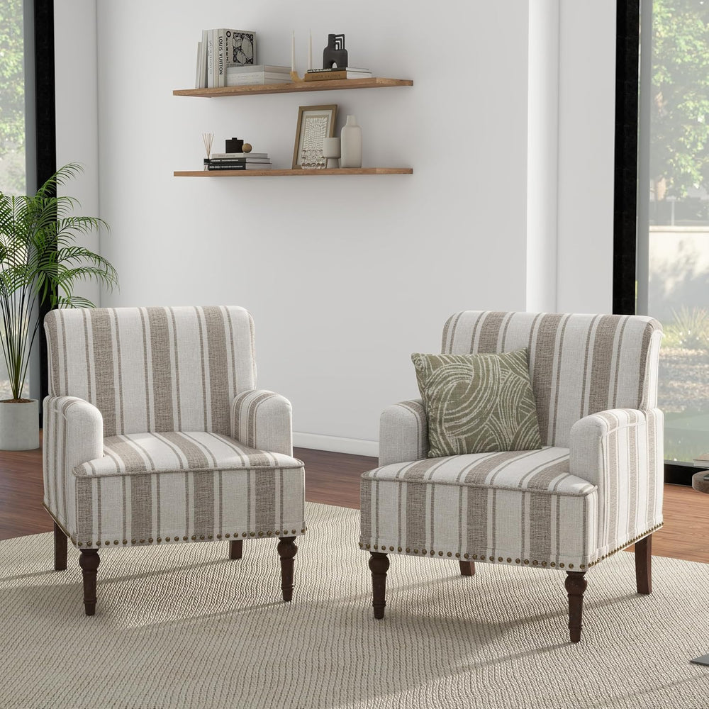 Stripe Accent Chair, Fabric Upholstered Armchair Modern Nailhead Trim Club Ar...