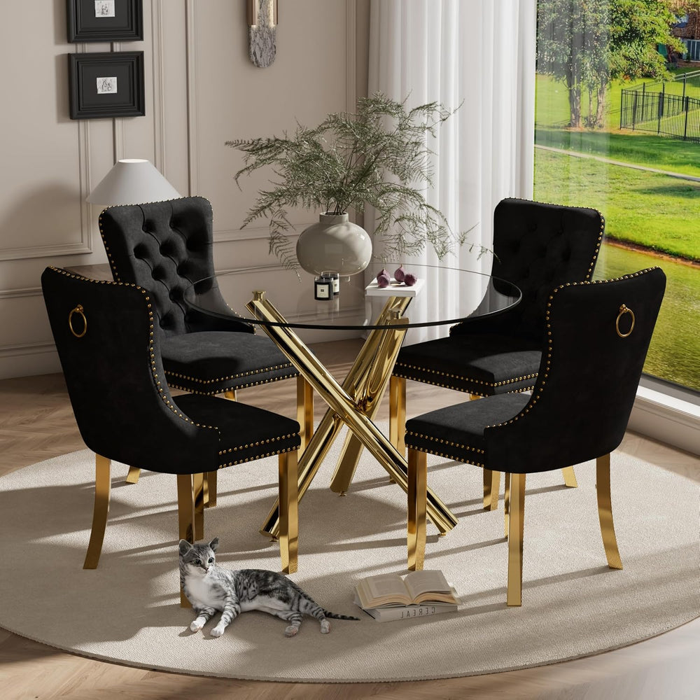 5 Pieces Gold Round Glass Dining Table Set, Modern Luxury Circle Kitchen Set ...