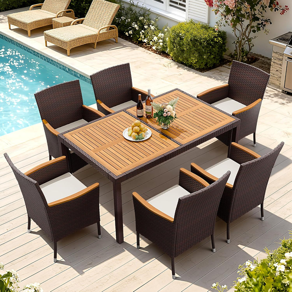 Devoko 7 PCS Acacia Wood Patio Dining Set, Brown Rattan