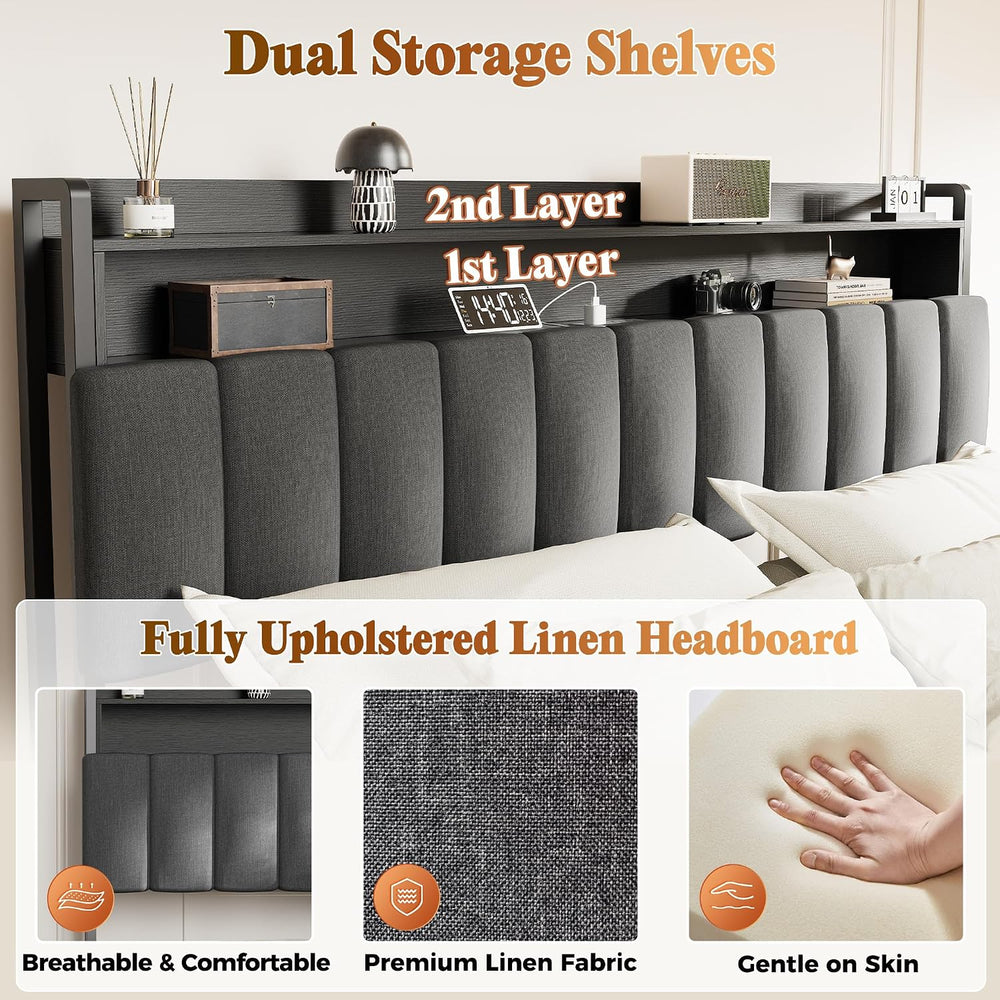Bed Frame King Size with Upholstered Headboard & Charging Station, King B...