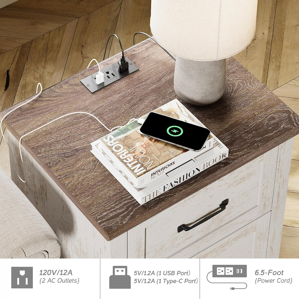 WAMPAT Nightstand Side Table with Charging Station, Antique White End Table w...