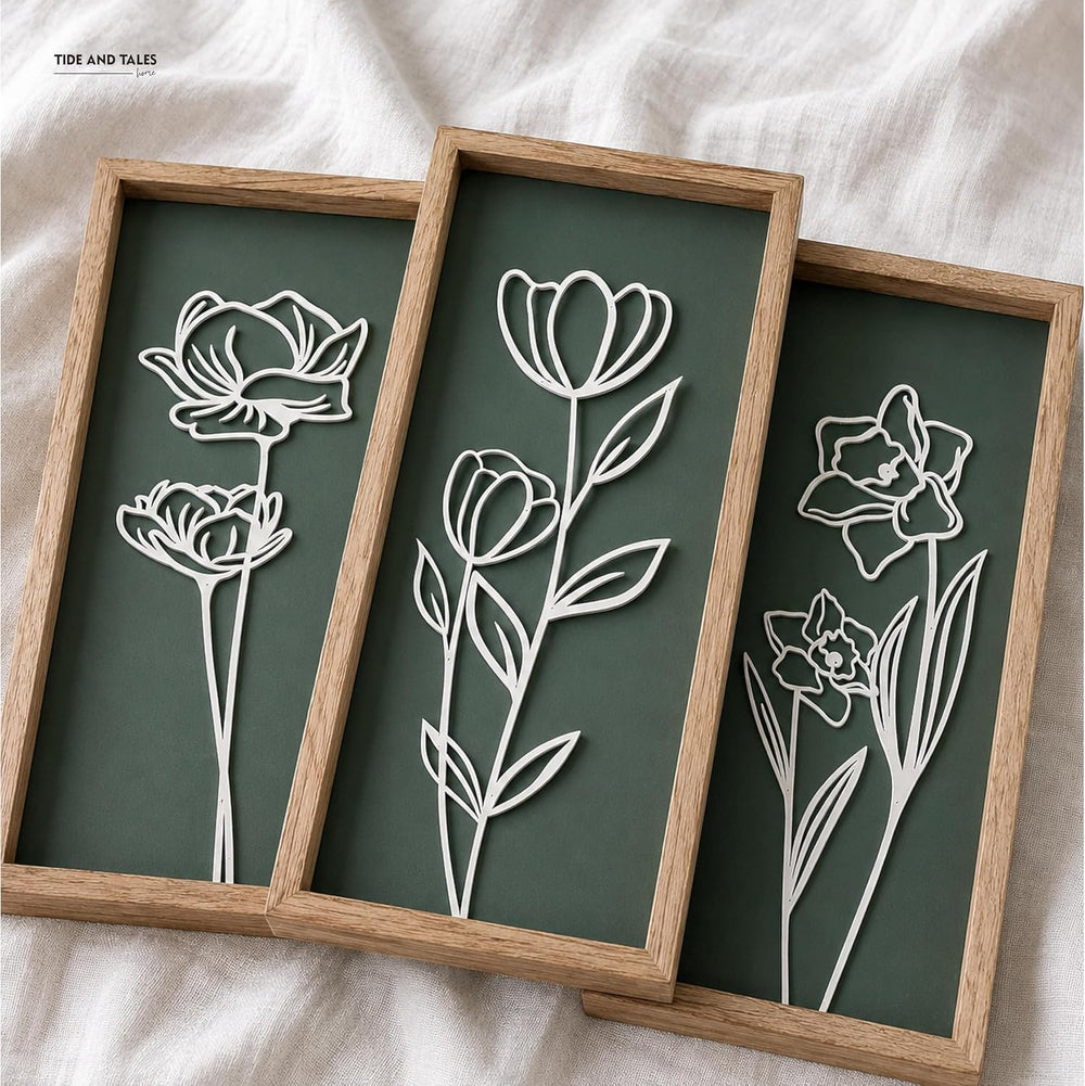 Tide and Tales 3d Green Wall Art, Wooden Botanical Wall Decor, Set of 3