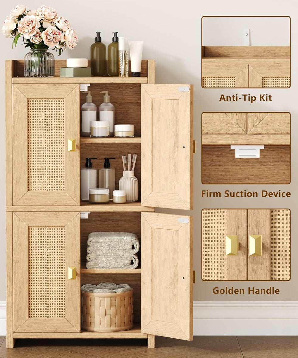 15" Rattan Small Bathroom Cabinet 4 Doors Adjustable Shelf Oak
