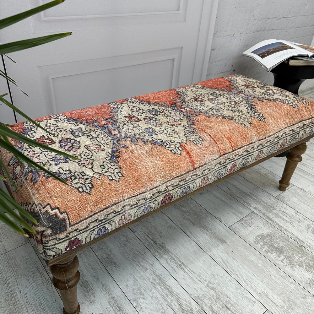 Ottoman Bench with Rug Upholstered Handmade Wood Work for Boho Farmhouse Kitc...