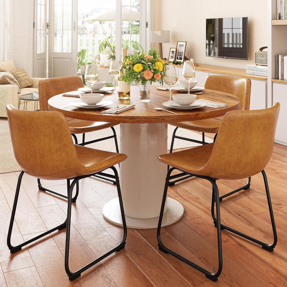 REONEY Dining Chairs Set of 6, 18" PU Leather Dinner Chairs, Brown | Mod...