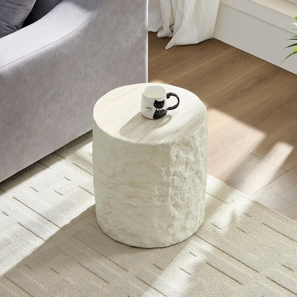 Round Side Table End Table for Living Room, Modern Contemporary Faux Stone St...
