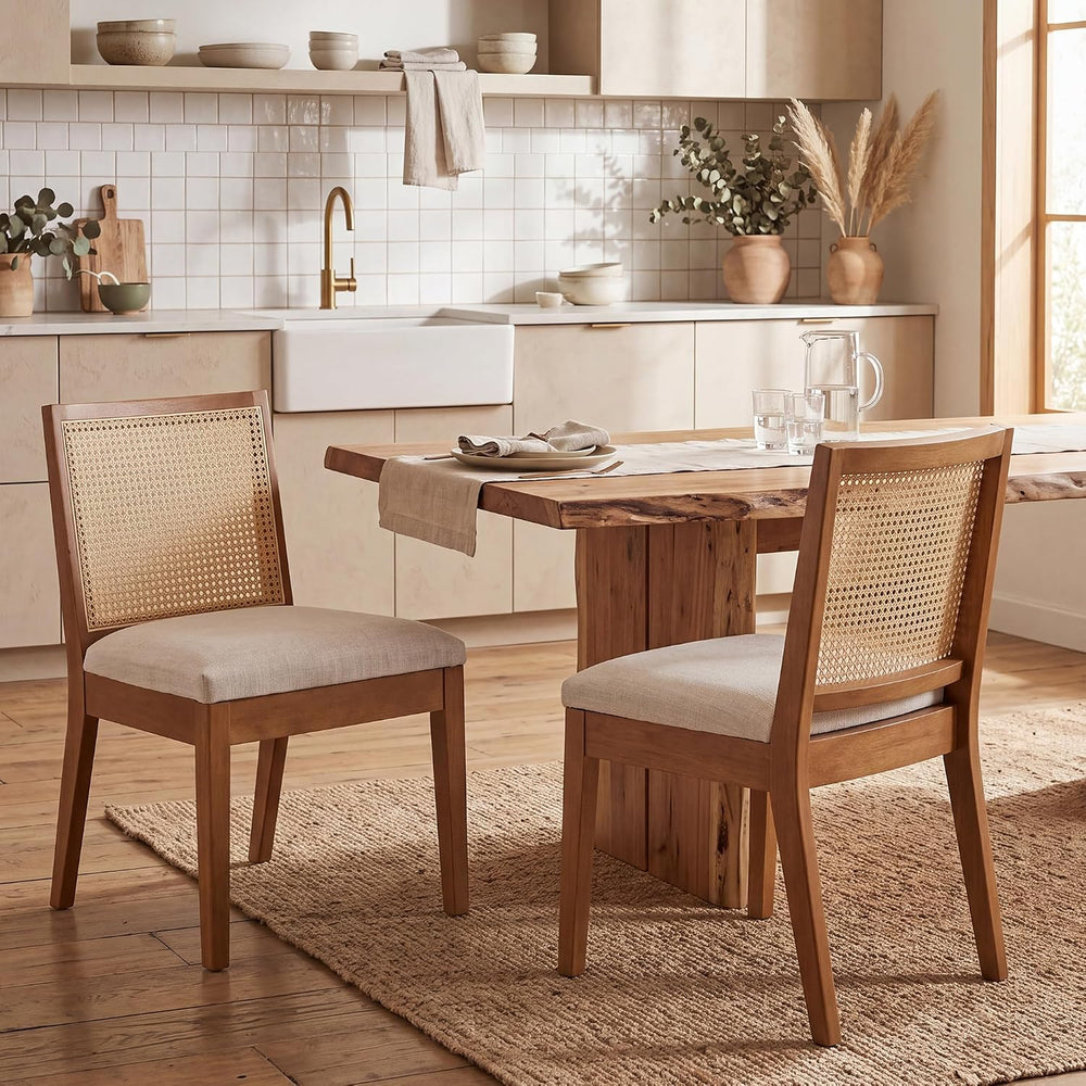 Farmhouse Rattan Dining Chairs Set of 2, Walnut Solid Hardwood Frame, Upholst...