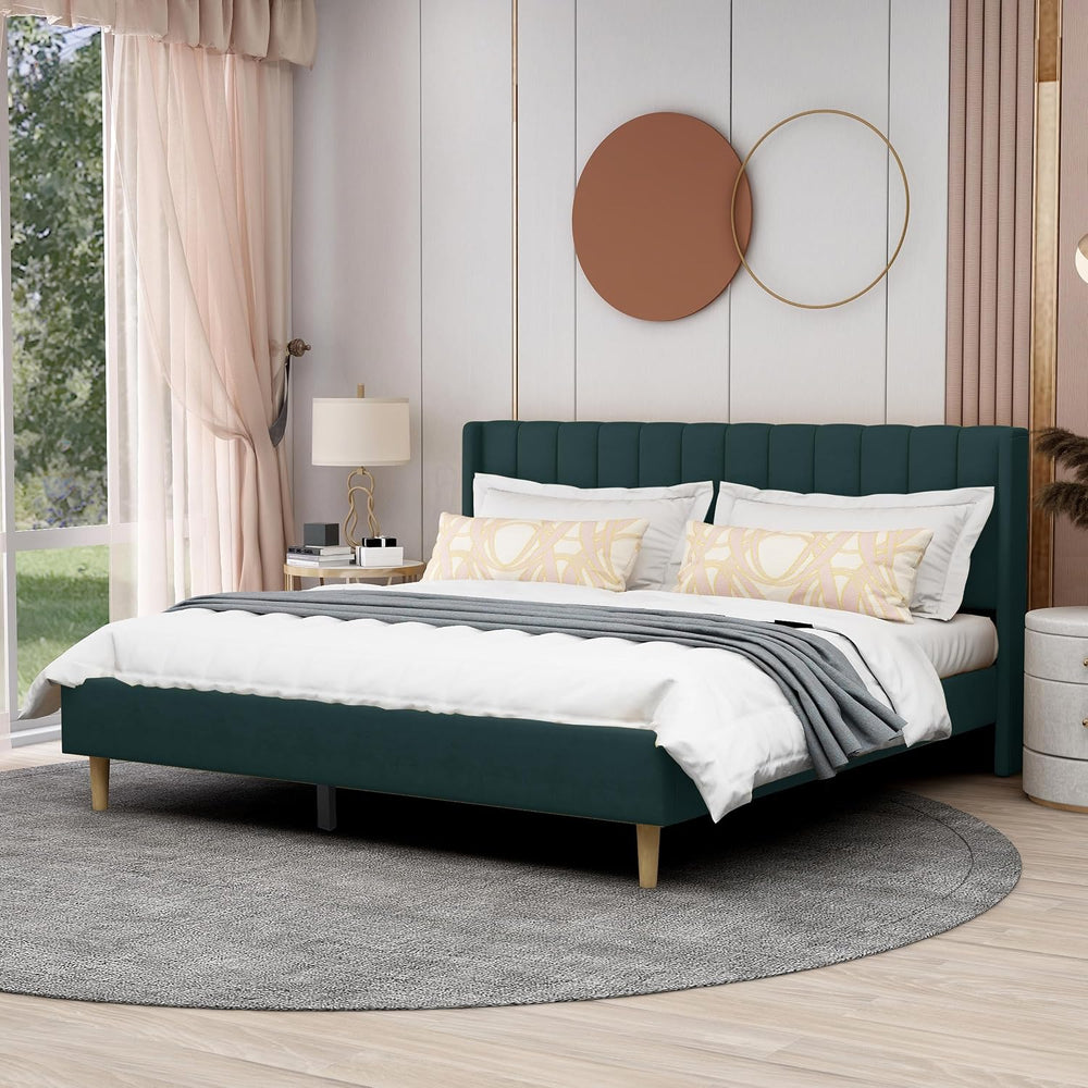 AGARTT Upholstered Platform Bed Frame King Size, Ink Green Velvet