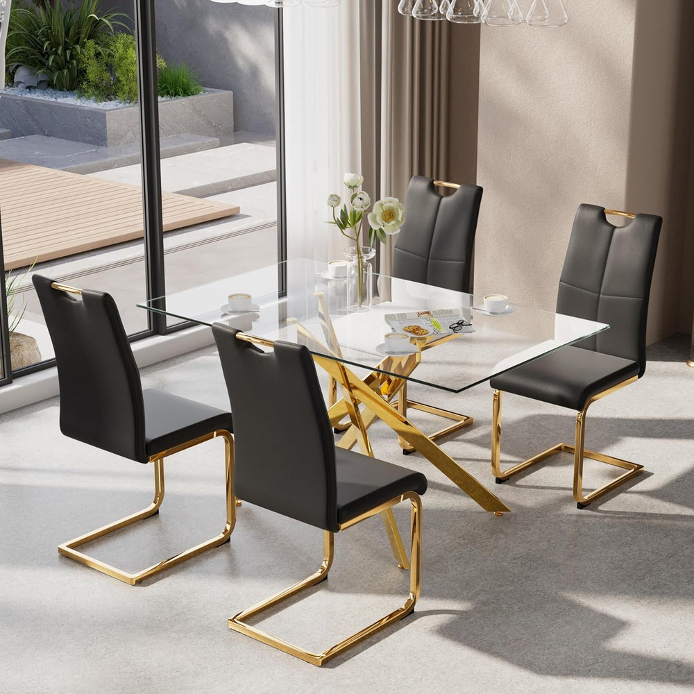 5-Piece Dining Table Set for 4, Modern Rectangular Glass Table with 4 Upholst...