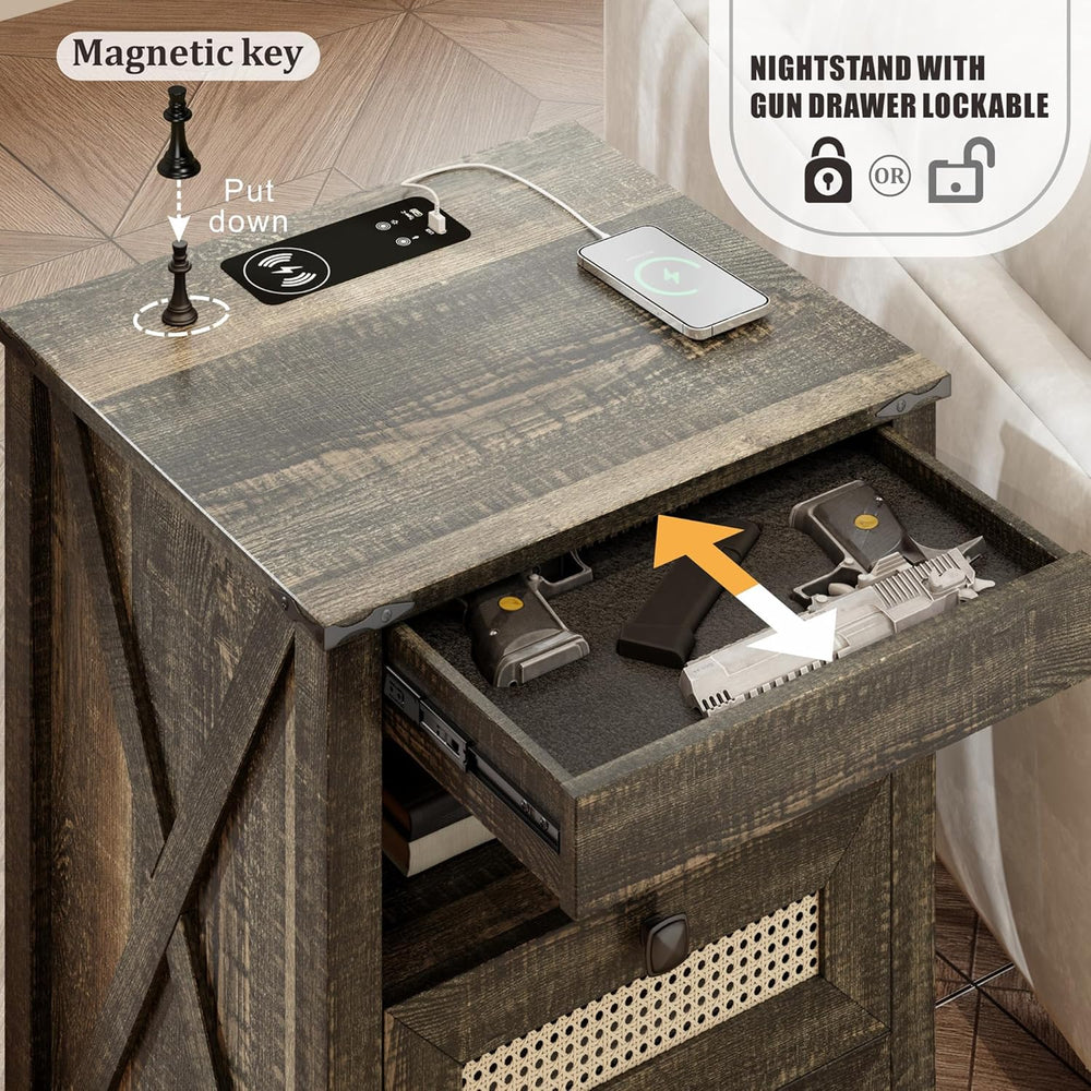 Farmhouse Night Stand with Gun Drawer, Bedside Table with Charger Station, LE...
