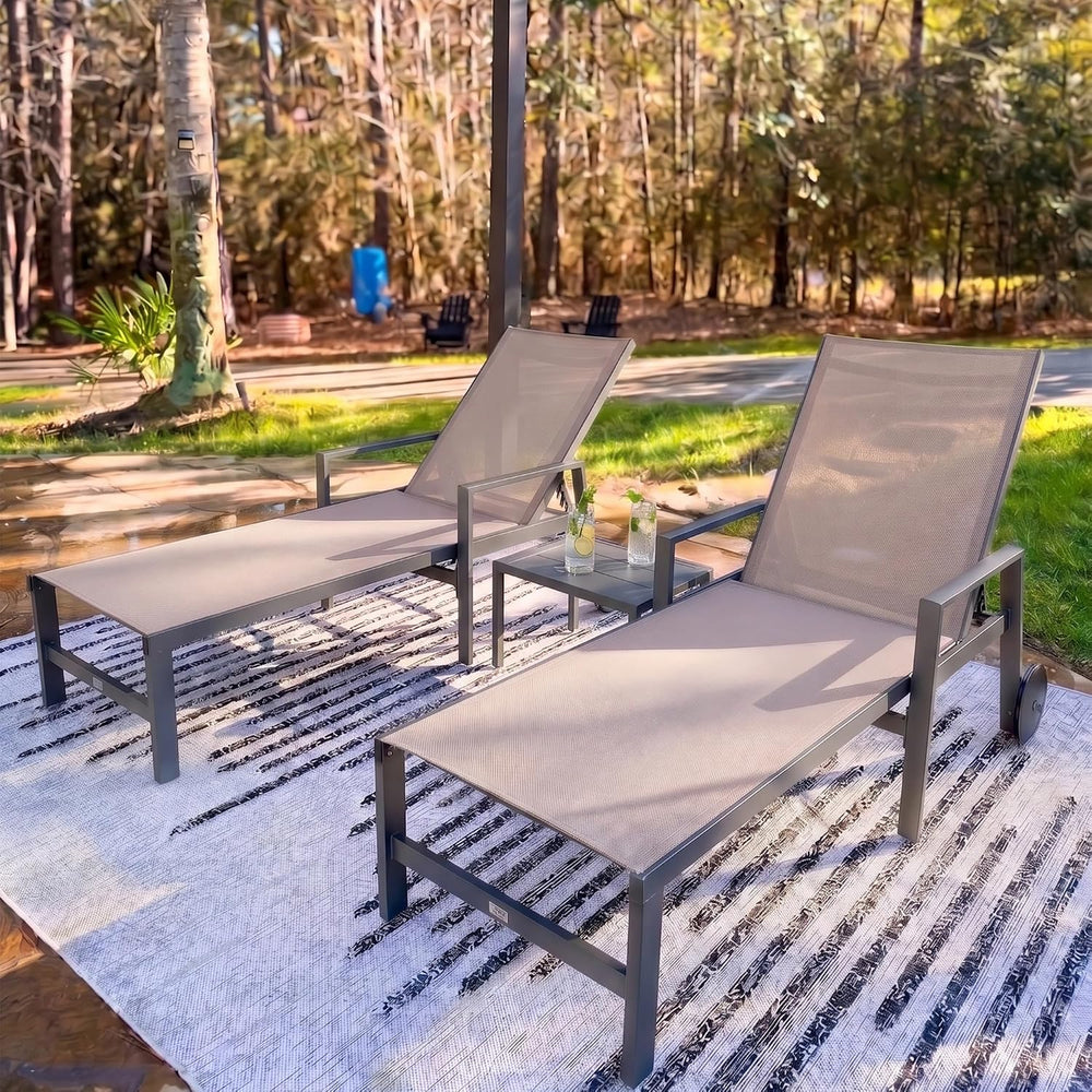 PURPLE LEAF Chaise Lounge Outdoor Set for 2 with Armrest, Khaki | All-aluminu...