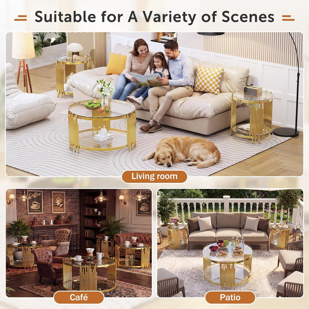 Luxury Gold Round Glass Coffee Table Set of 3, 31.5" Modern Center Table...