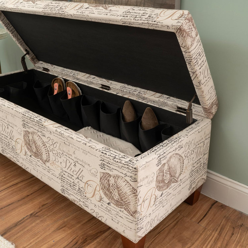 Linon Carmen Ivory and Beige Seashell Upholstered Lift Top Storage Ottoman wi...