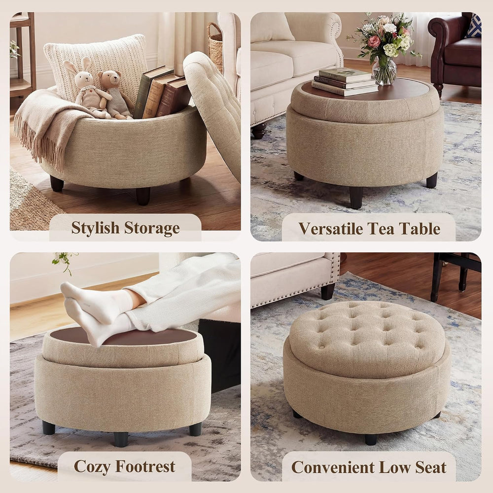 COLAMY Fabric Round Storage Ottoman with Reversible Tray Lid – Multi-Function...