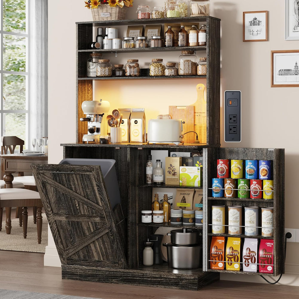 Squireewo 63" H Pantry Cabinets with 10 Gallon Trash Can,Led Light,Outle...
