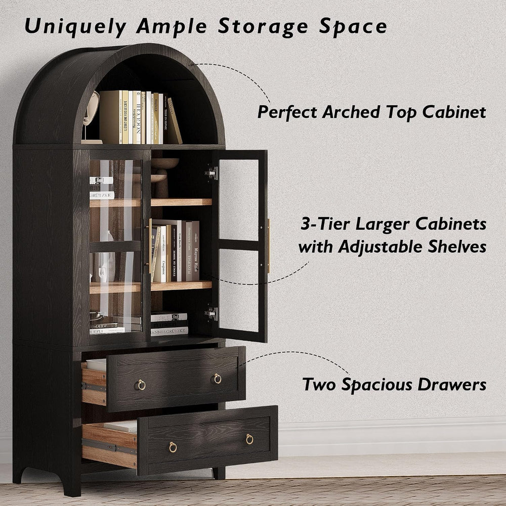 HRVEOCEI Black Arched Cabinet with Glass Doors, Tall Arch Kitchen Pantry with...