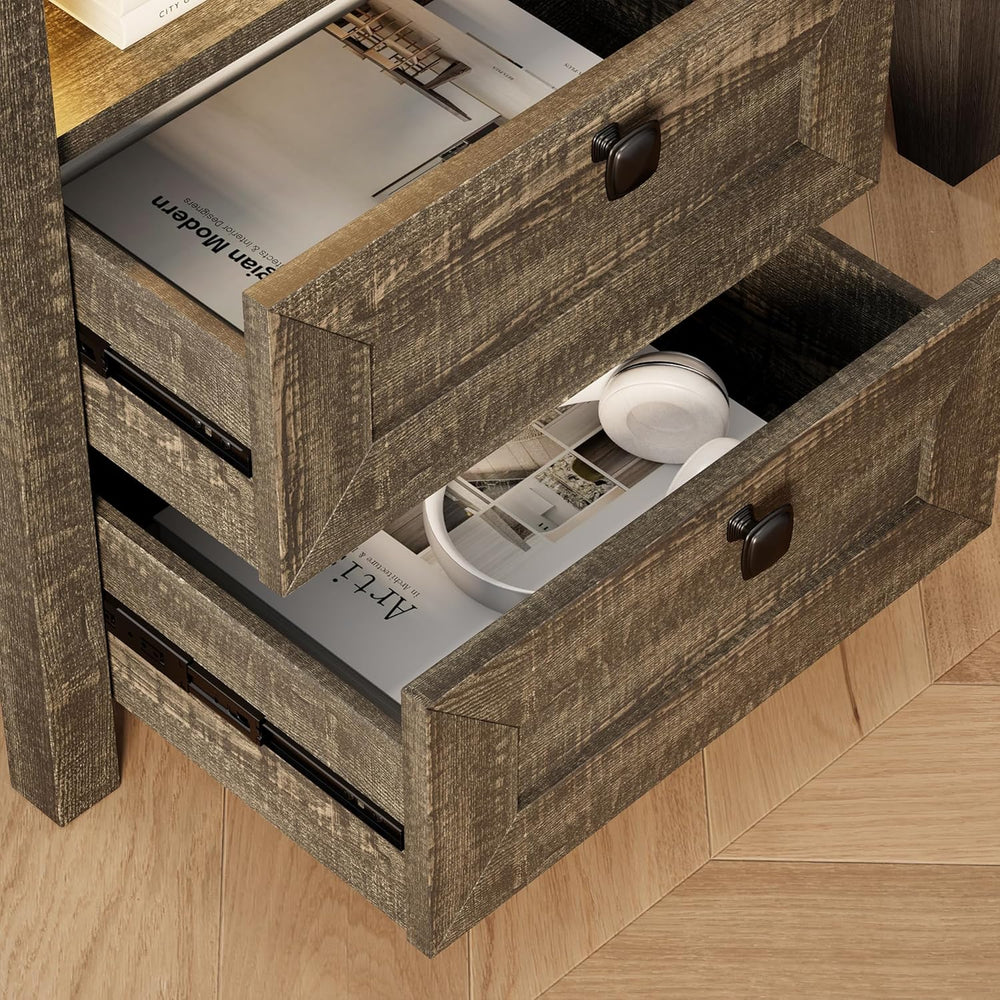 FREDEES LED Nightstand with Gun Drawer, Bedside Table with Charging Station f...