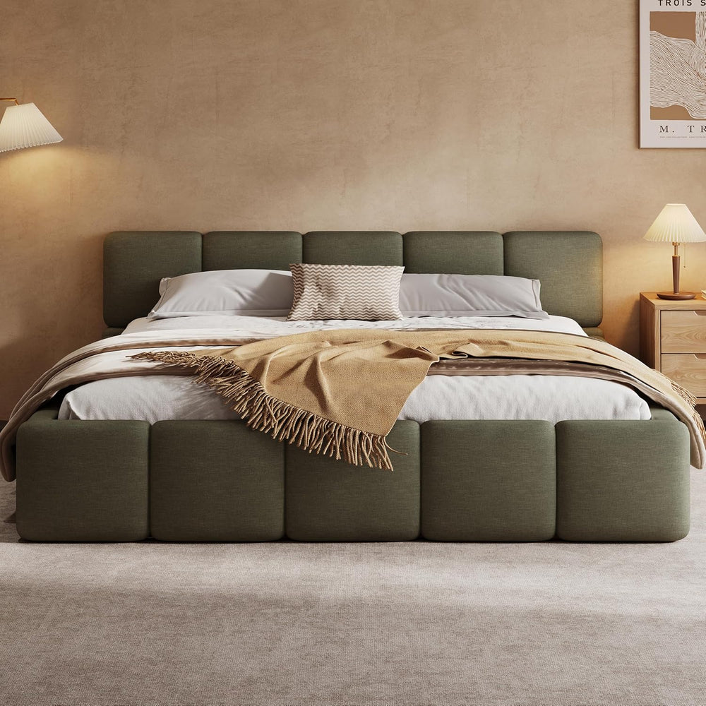 Merax King Boucle Platform Bed with Thick Headboard and Footboard, Green