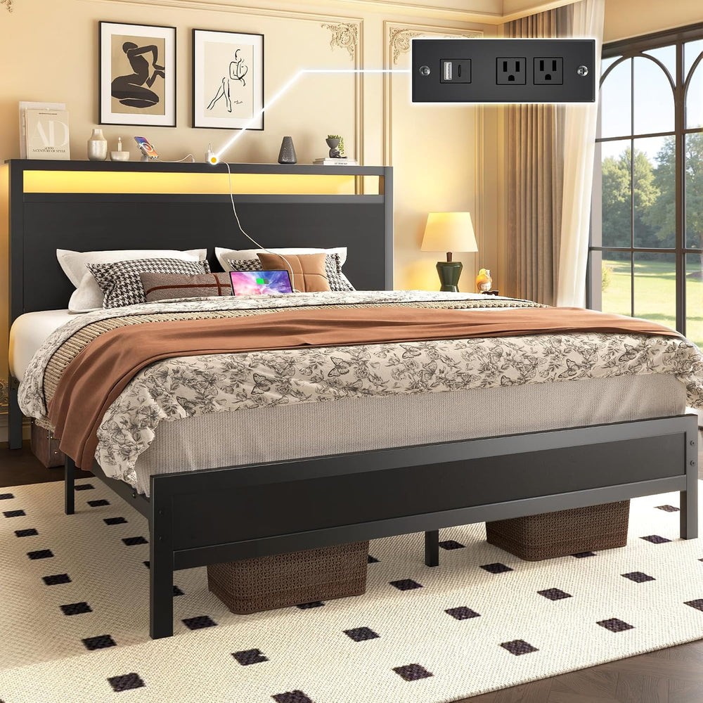 Queen Bed Frame with Headboard & Footboard, Bed Frame with Built-in Charg...
