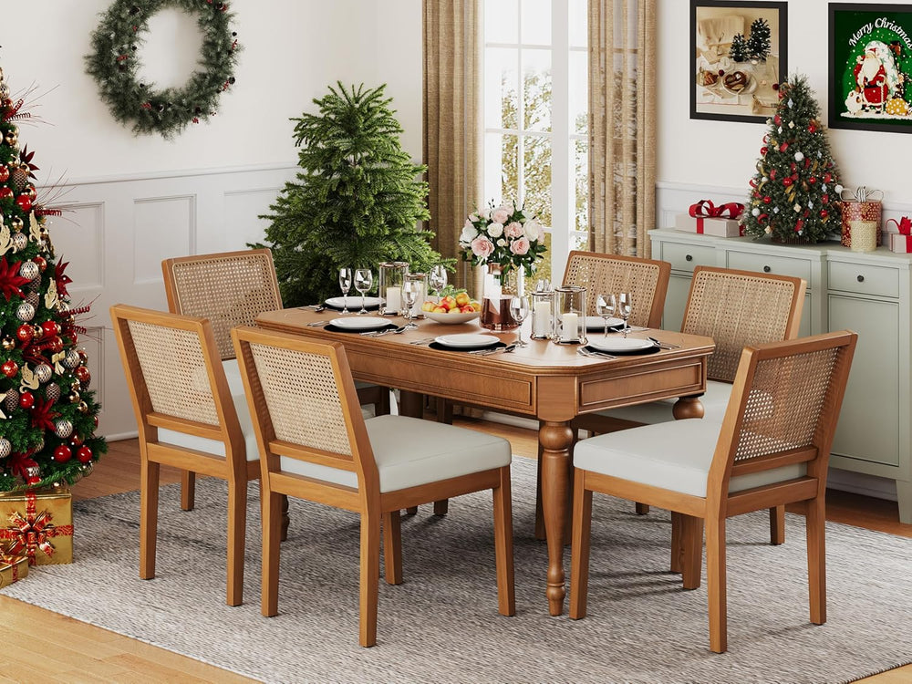Andeworld Farmhouse Natural Rattan Dining Chairs Set of 6, Upholstered Mid Ce...