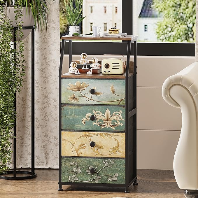 Tohomeor Dresser with Fabric Drawers Nightstand with 2 Tier Shelf Storage Tow...