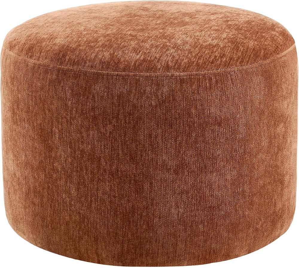Upholstered Round Pouf Ottoman, Modern Footstool, Orange-Brown | Small Chenil...