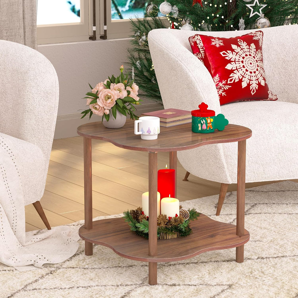 Flower Shape End Table - 2-Tier Walnut Wood Color Coffee Tables, Modern Woode...
