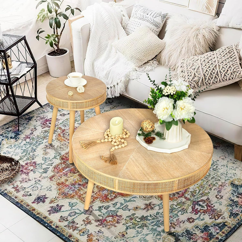 RUSTOWN 2-Piece Farmhouse Coffee Table, Modern Round Rattan Side Tables | Rus...