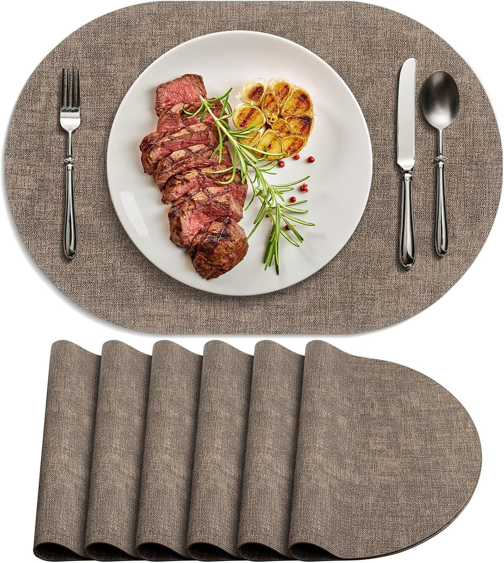 Faux Leather Oval Placemats Set of 6, Dark Brown
