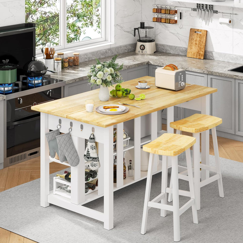 DynJest 47.3" Solid Rubberwood Kitchen Island with Power Outlets, White ...