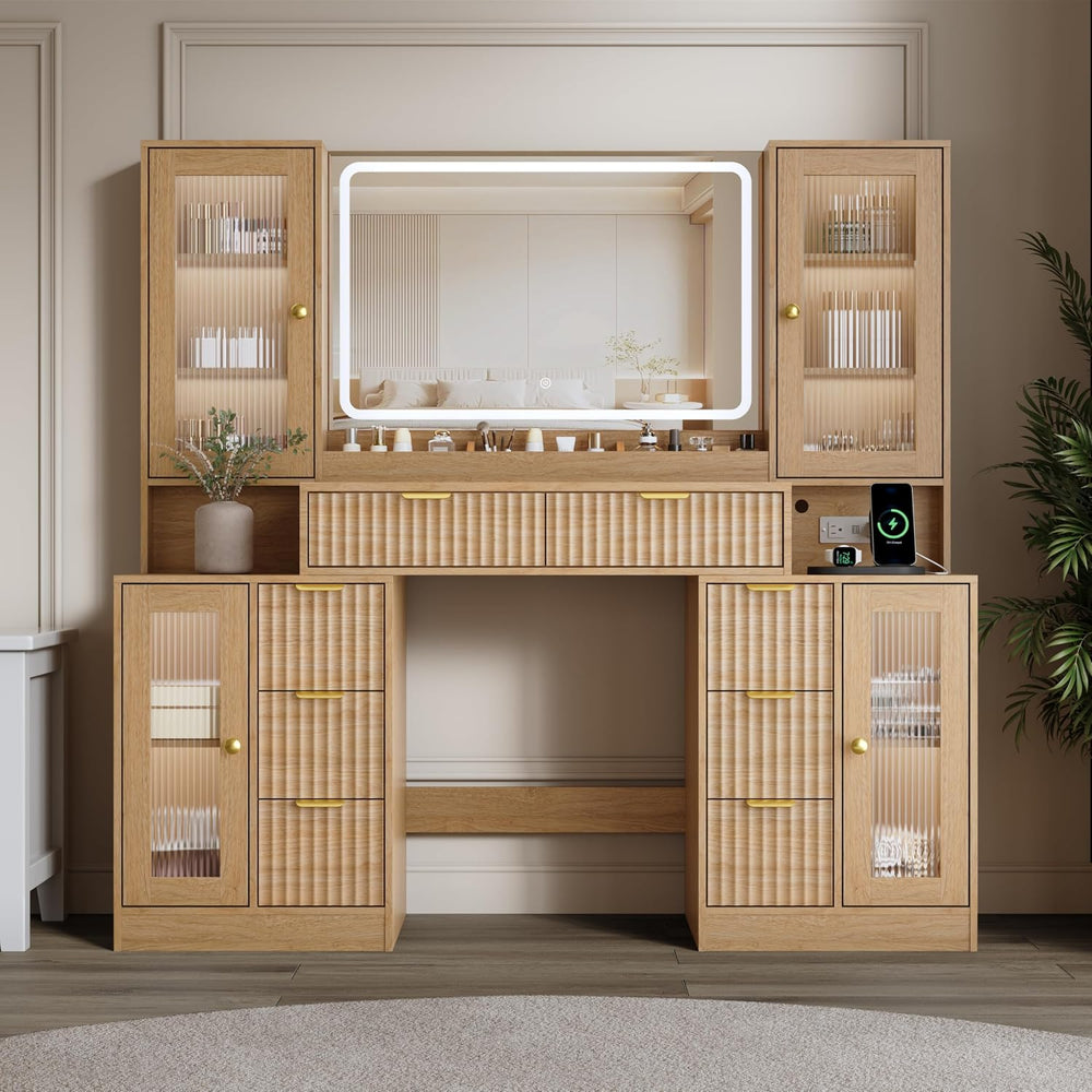 55" Vanity Desk with Mirror & Lights, Fluted Makeup Vanity with 8 Dr...