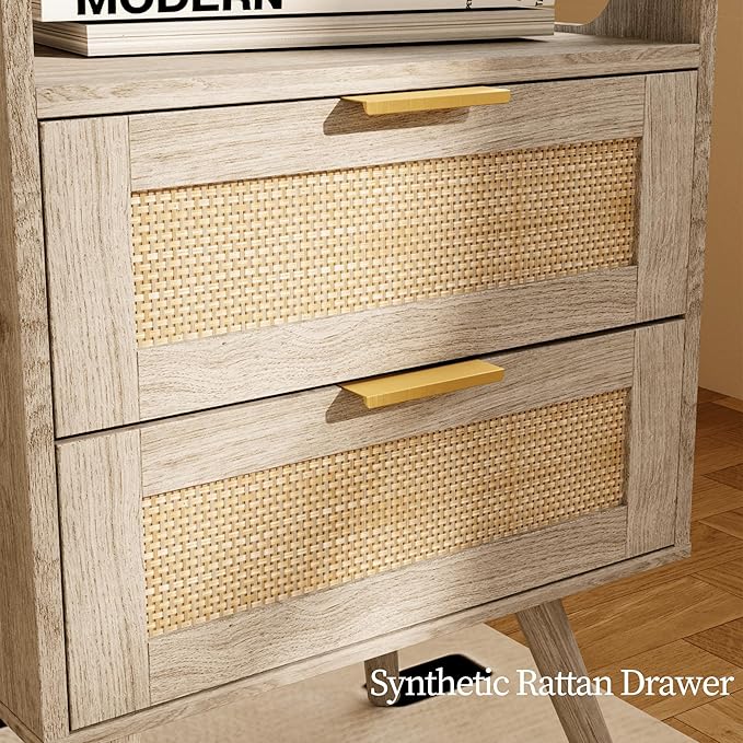 Rattan Nightstand,Farmhouse Bedside Table with 2 Storage Drawer and Open Wood...