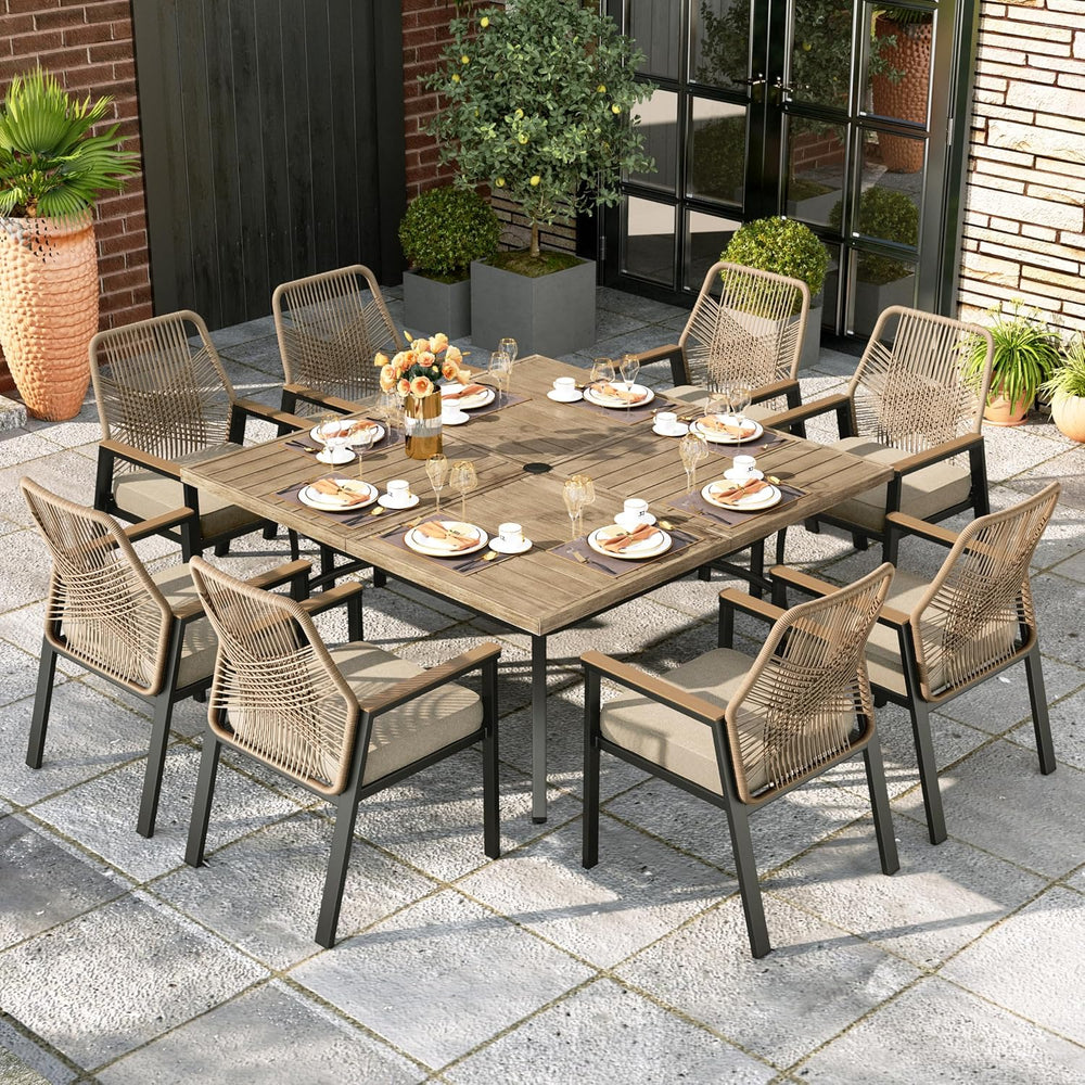 MIXPATIO 9pc Patio Dining Set, 57.5" Square Metal Table, 8 Rattan Chairs