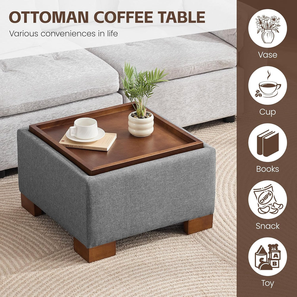 WUTUTUEE 24" Square Ottoman Coffee Table with Storage, Fabric Ottomans w...