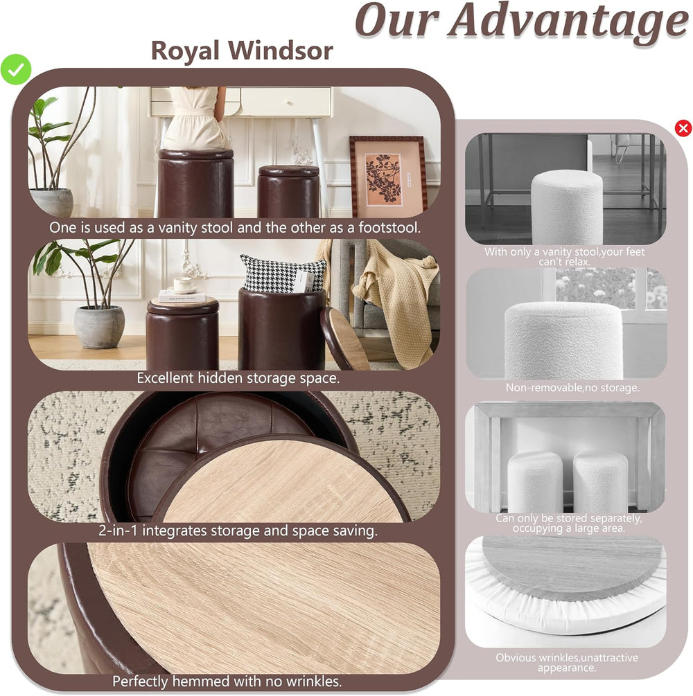 Royal Windsor Round Ottoman with Storage Set of 2, Faux Leather Button Tufted...