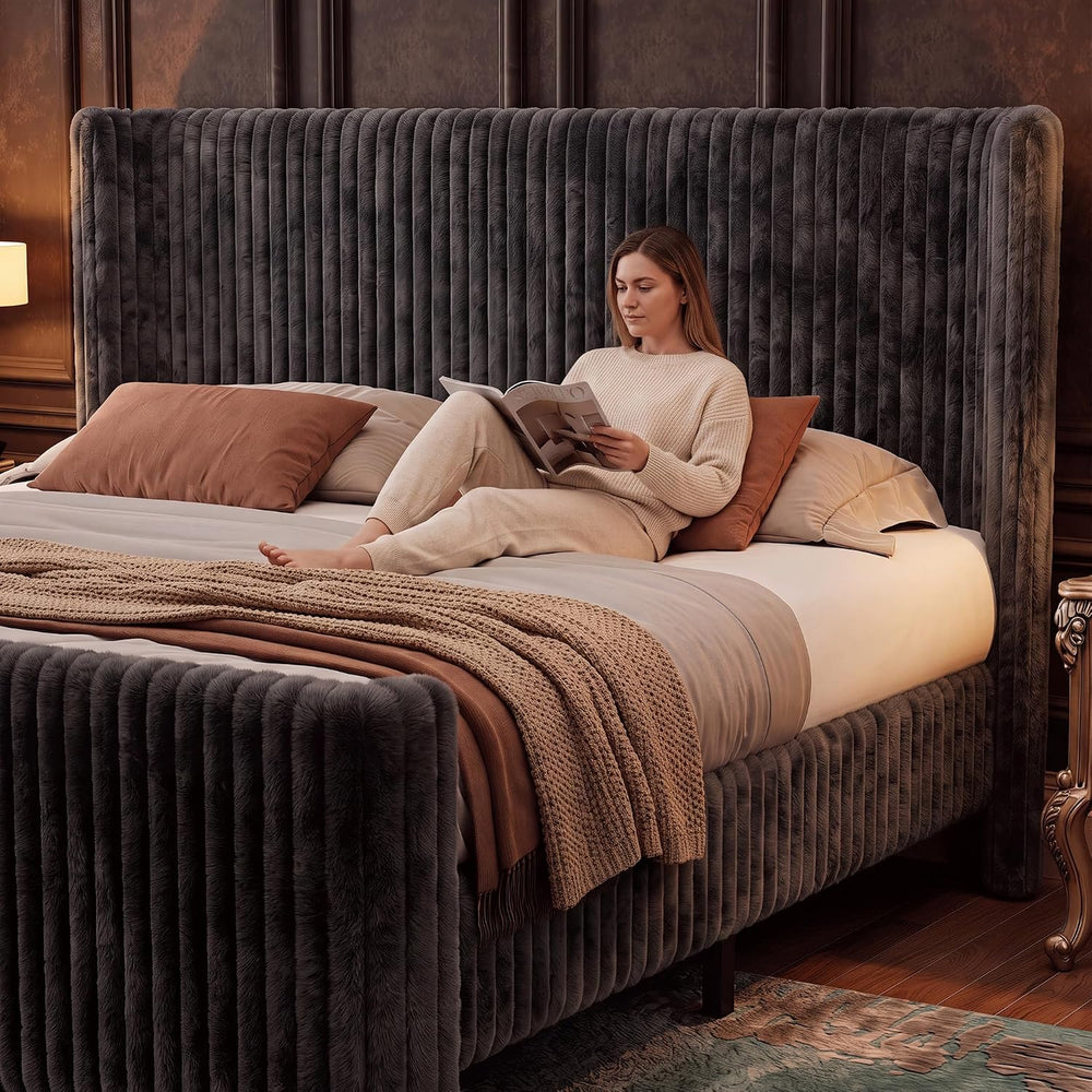 Queen Bed Frame with Faux Fur Upholstered Curved Wingback Headboard & Foo...