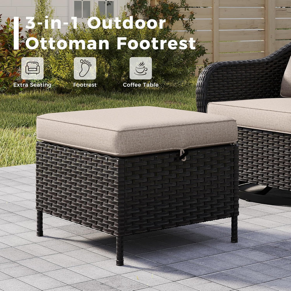 2 Pieces Patio All-Weather Wicker Ottomans with Cushions, PE Rattan Outdoor C...