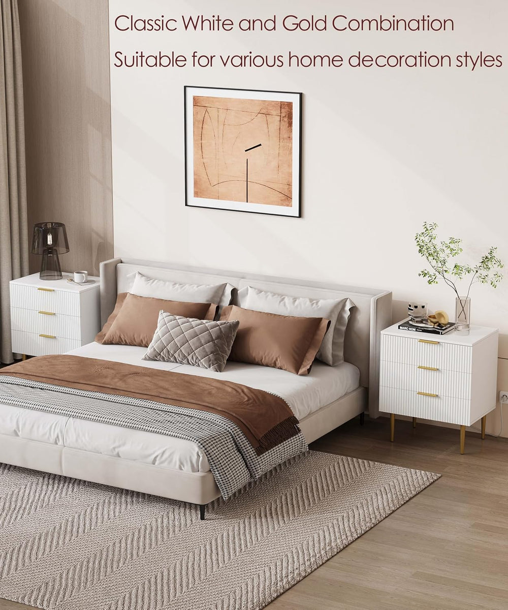 Akxomel Fluted Nightstand Side Table with Charging Station White Bedroom | 3 ...
