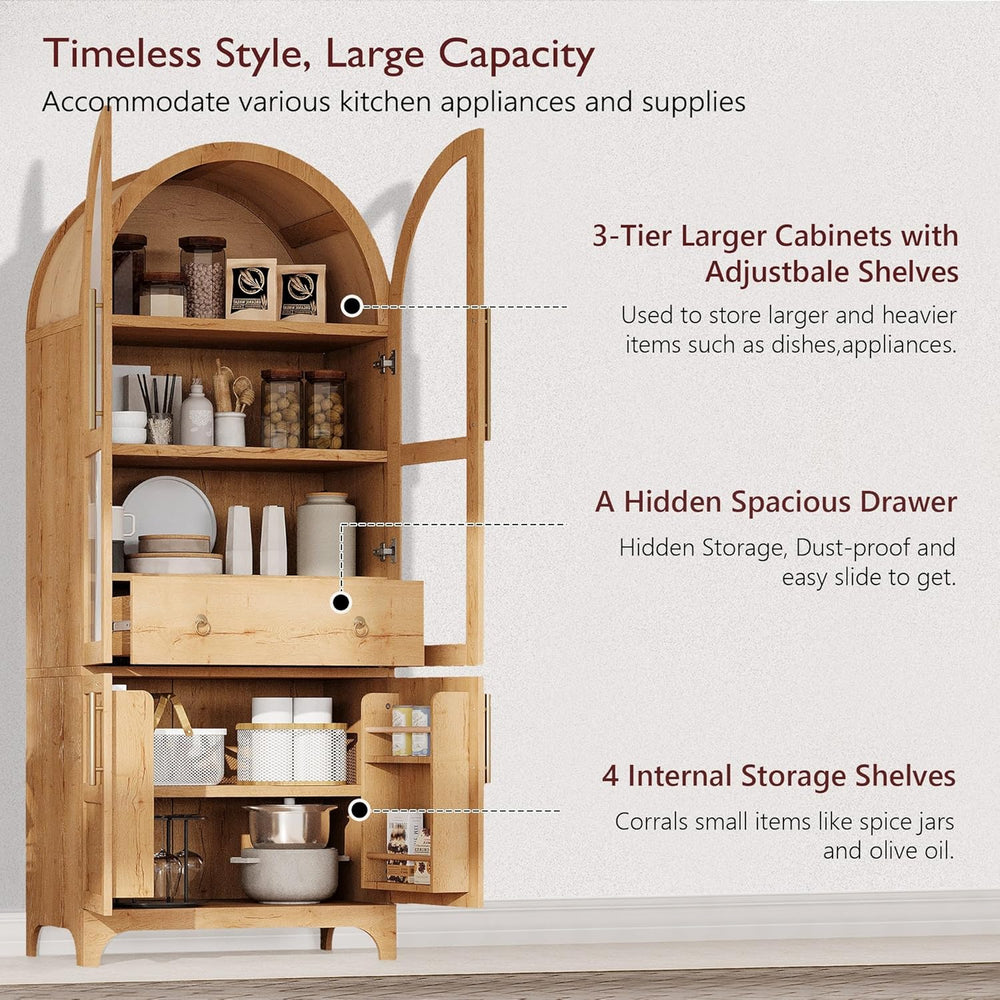 71" Tall Arched Kitchen Pantry Cabinet with Door Shelves, Farmhouse Kitc...