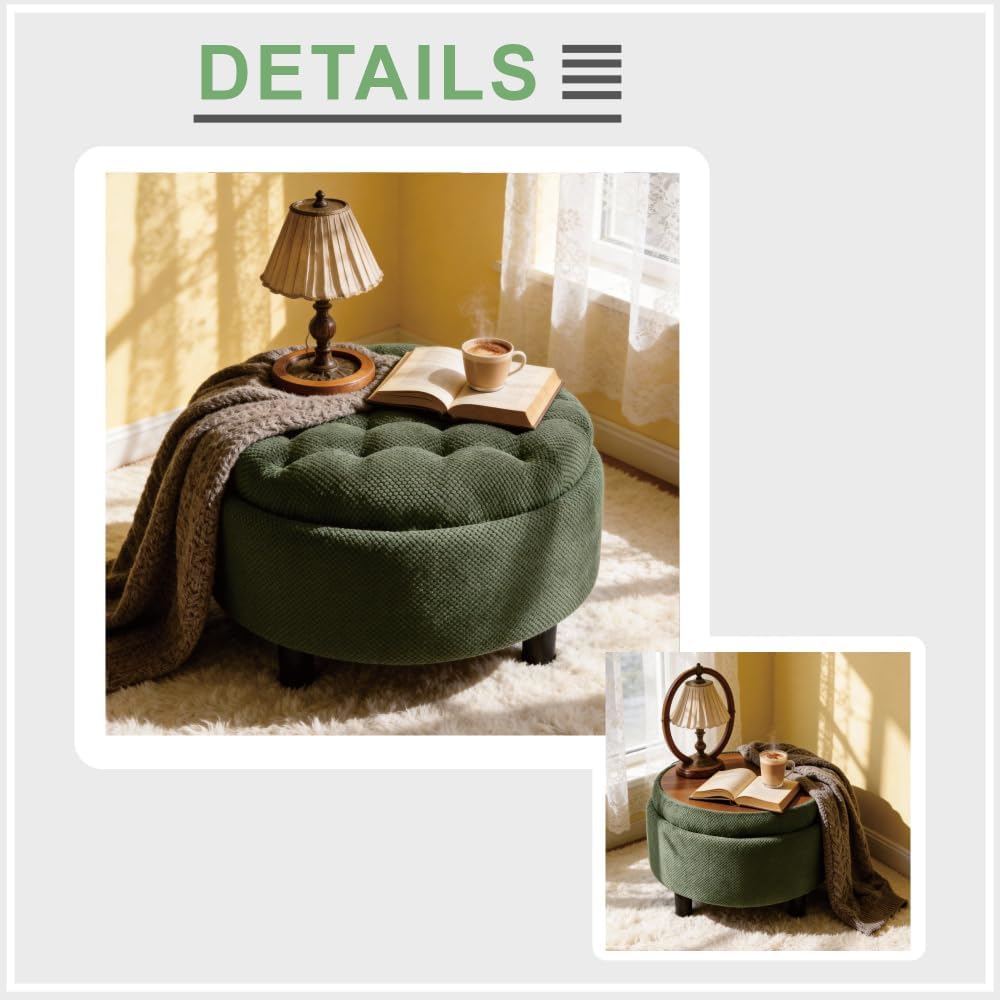 25Inch Round Storage Ottoman with Tray, ModernTufted Fabric Circle Coffee Tab...