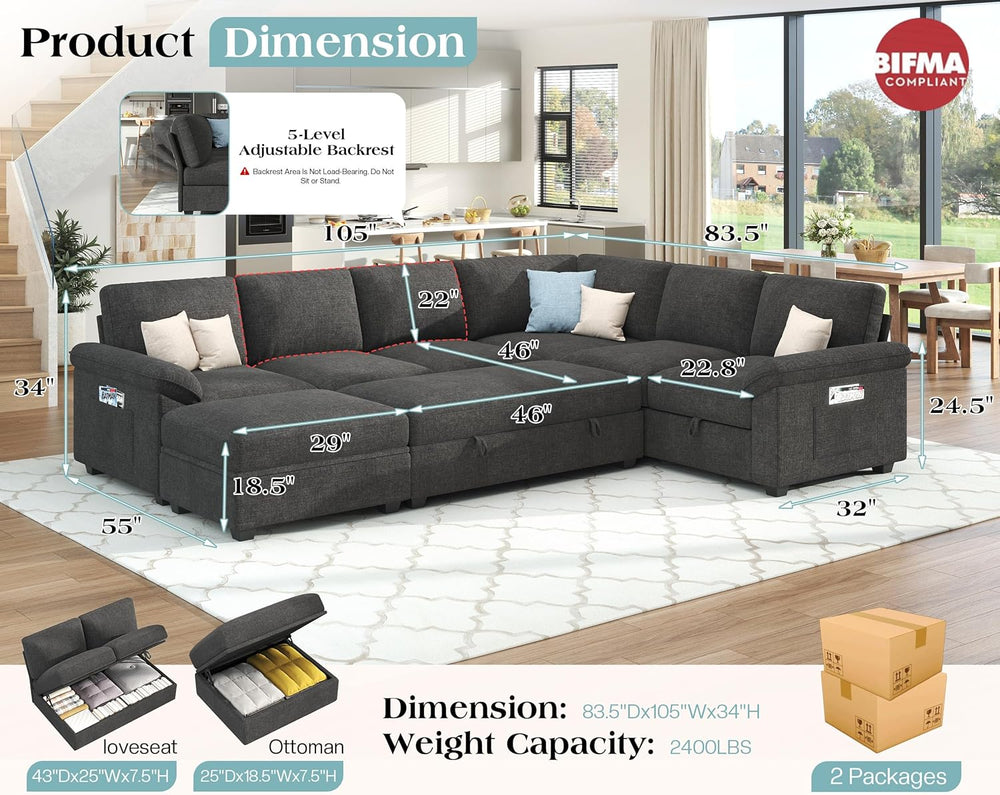 Jocisland 105" Sofa Bed, Sectional Sleeper Sofa with Pull Out Bed/Reclin...