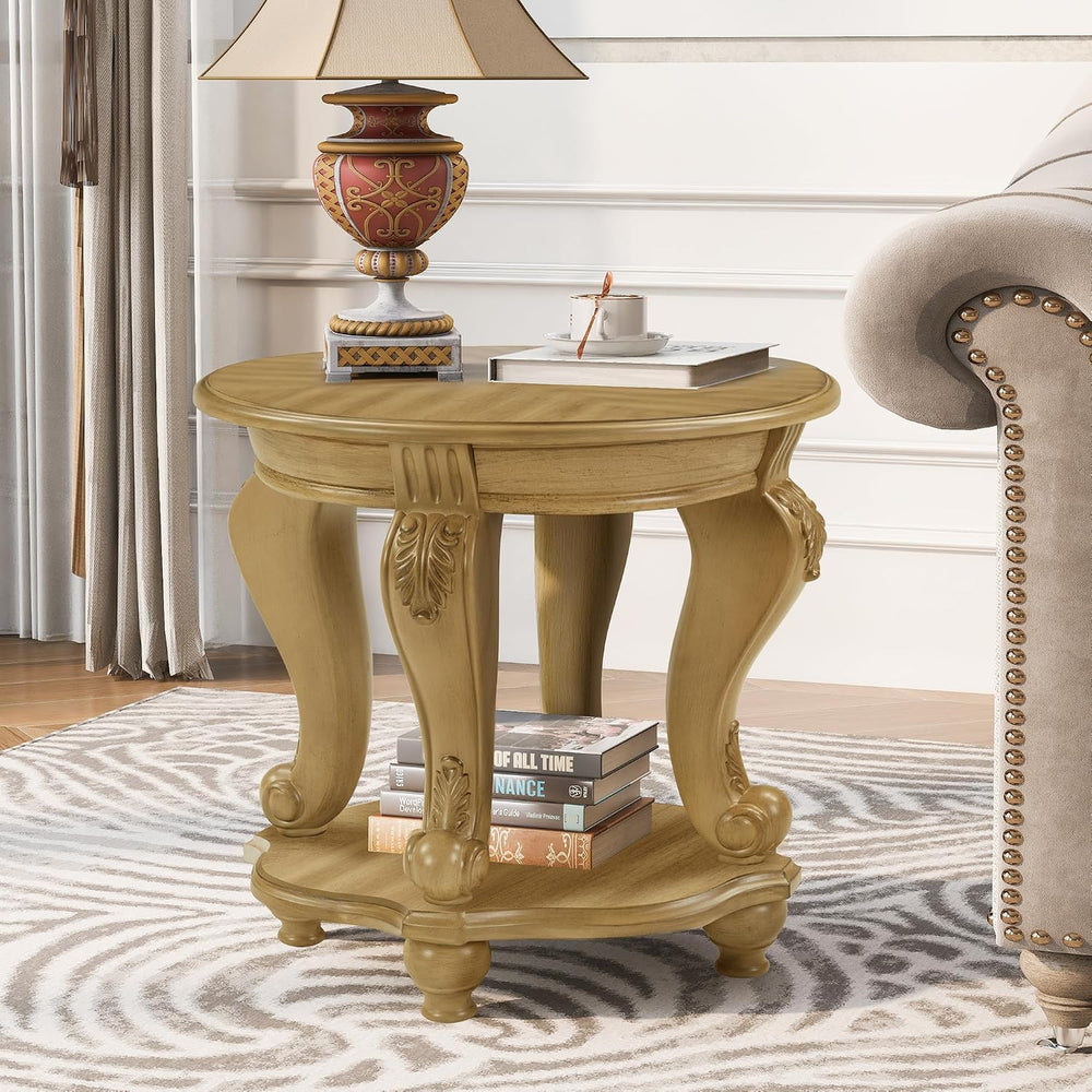 KEIKI Solid Rubber Wood Round Side End Table with Storage Shelf, Traditional ...