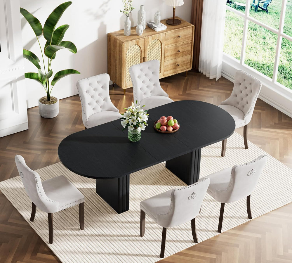63"-79" Extendable Dining Table Set with 6 Beige Chairs, 7 Piece Ov...