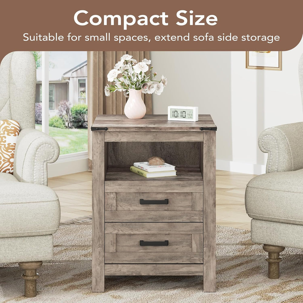 EazeHome Farmhouse End Table, 18” Wooden Side Sofa Table with 2 Drawers and O...