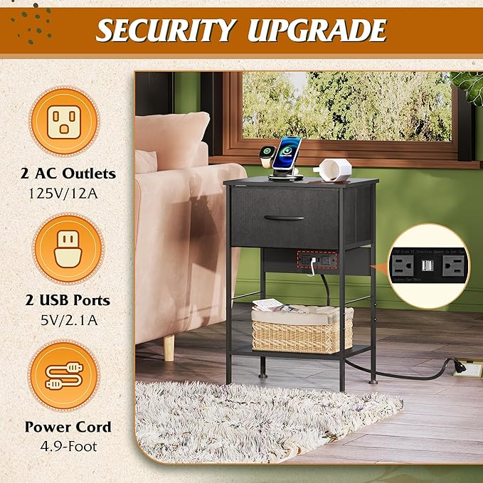 WLIVE Night Stand with Charger Station, Small Nightstand with 1 Fabric Drawer...