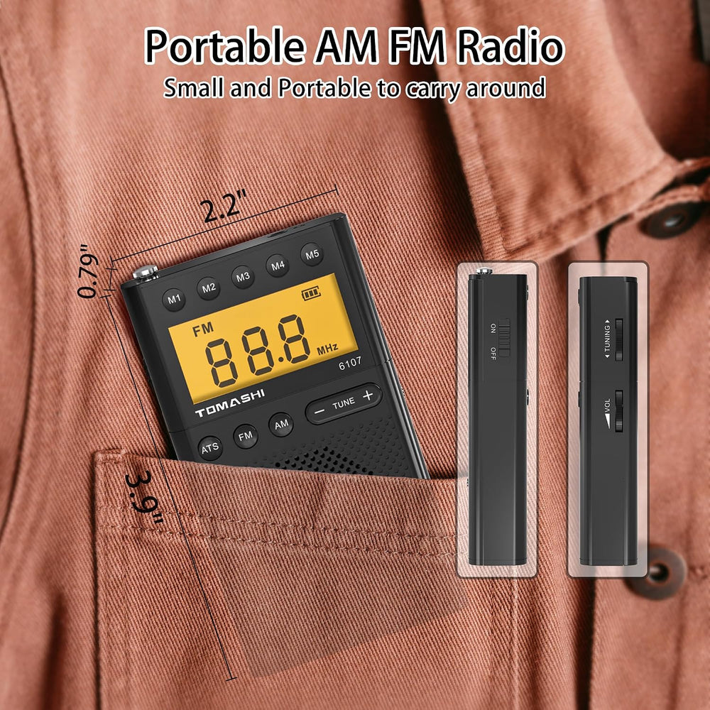 TOMASHI Portable AM FM Radio, Small Battery Operated Personal Radio