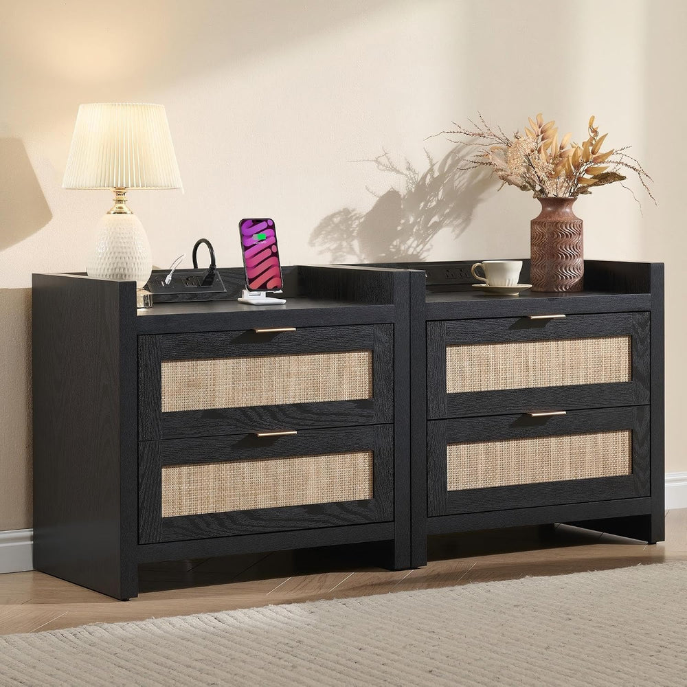 SICOTAS Rattan Nightstands Set of 2 : Bedside Table with 2 Large Drawers